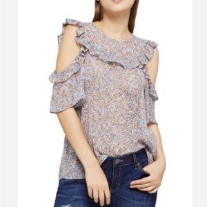 BCBG NWT ruffled floral sheer cold shoulder top small